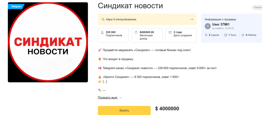 купить телеграм канал Синдикат новости на Madbid