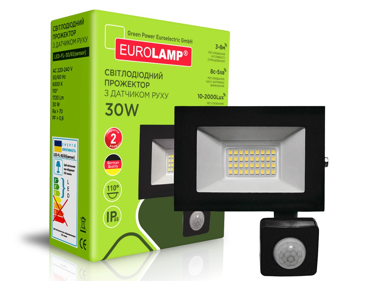 Светодиодный EUROLAMP LED SMD Прожектор черный с датчиком движения 30W 6500K