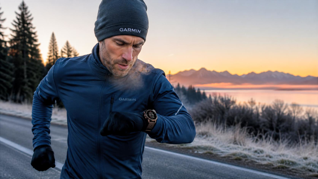 Бегун проверяет показатели часов Garmin