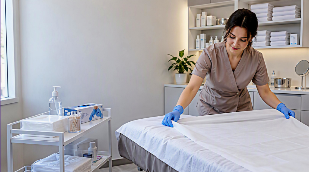Одноразове простирадло на кушетці перед beauty-процедурою